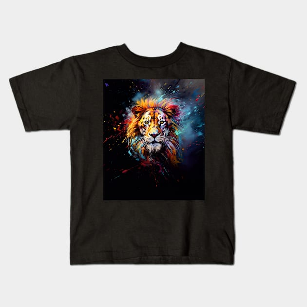 Lion with Colourful Paint Splatters Kids T-Shirt by Geminiartstudio